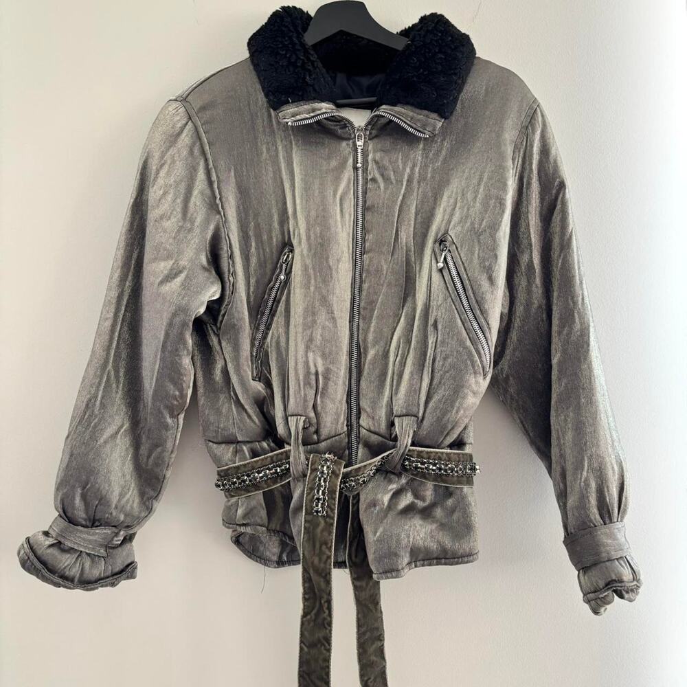 90s Vintage Metallic Bomber Jacket Sherpa Collar Velvet Embellished Belt Size M